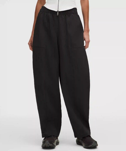 Crinkle Nylon Mid-Rise Barrel-Leg Pant