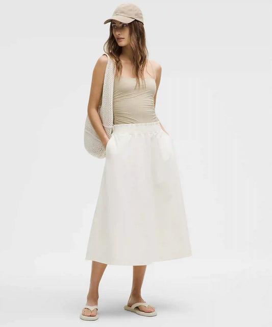 Stretch Woven Ruffle-Waist Midi Skirt